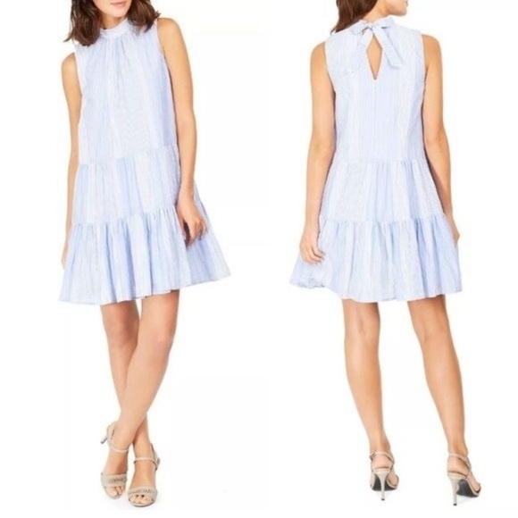CALVIN KLEIN Chambray White Striped Ruffle Tiered Sleeveless Dress w/ Bow Sz 8 - Picture 1 of 10